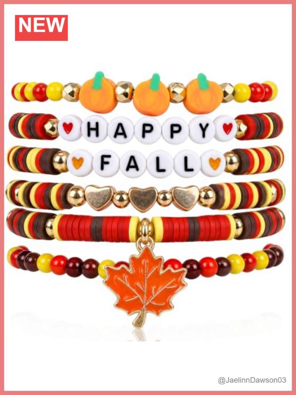 6 Pcs Fall Thanksgiving Bracelet Set Stretch Beaded Heishi Pumpkin Maple Leaf